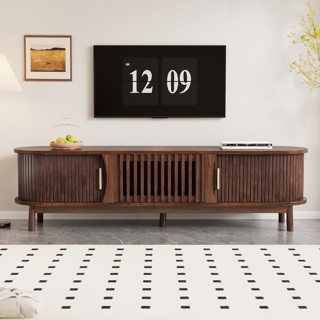 Modern Farmhouse TV Stand for 75' TVs, Wood Entertainment Center with Storage Cabinet, TV Console Table for Living Room, Bedroom in Dark Brown with Solid Wood Legs and MDF Construction - Grand Goldman Shop