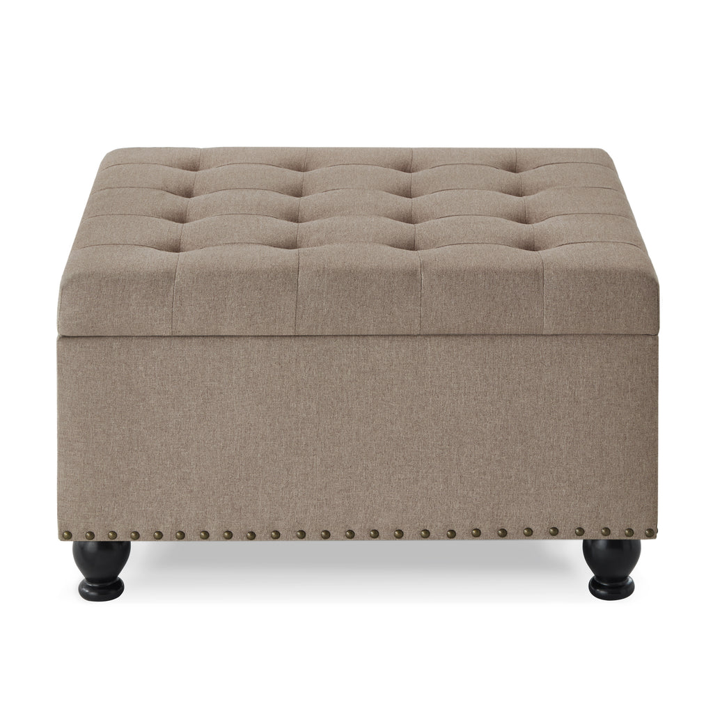 Large square storage ottoman with wooden legs, Upholstered button tufted coffee table with nail trims for for Living Space,Linen - Grand Goldman Shop