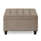 Large square storage ottoman with wooden legs, Upholstered button tufted coffee table with nail trims for for Living Space,Linen - Grand Goldman Shop