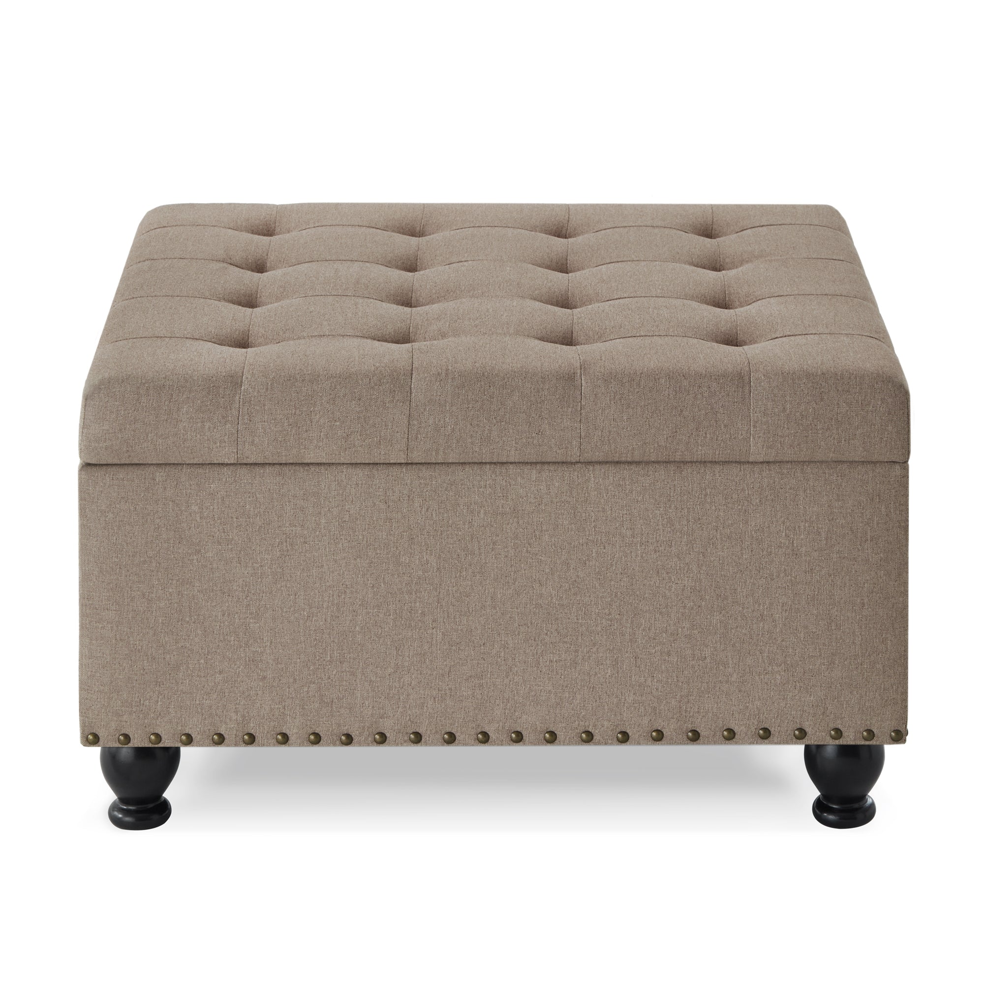 Large square storage ottoman with wooden legs, Upholstered button tufted coffee table with nail trims for for Living Space,Linen - Grand Goldman Shop