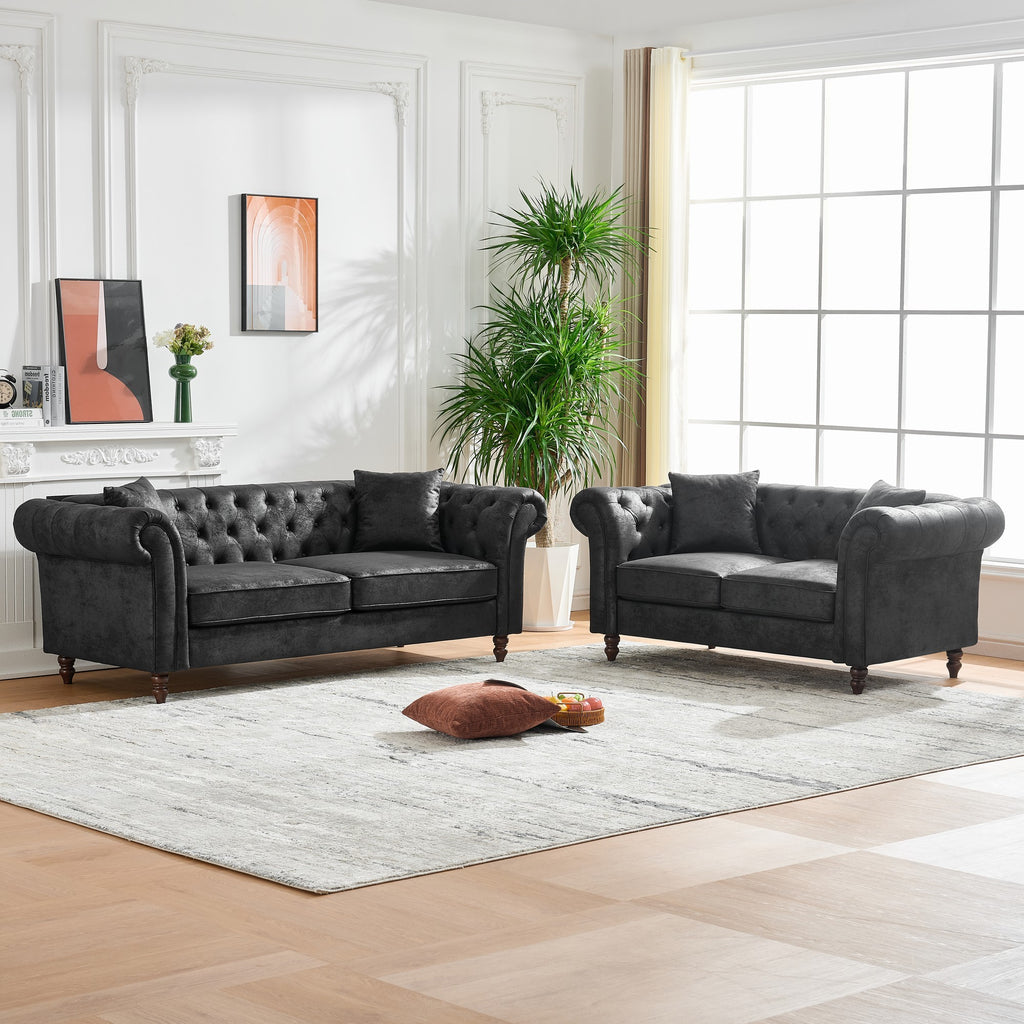 Chesterfield Faux Leather Sofa, High-tech Fabric Roll Armrest, Black, 66' - Grand Goldman Shop