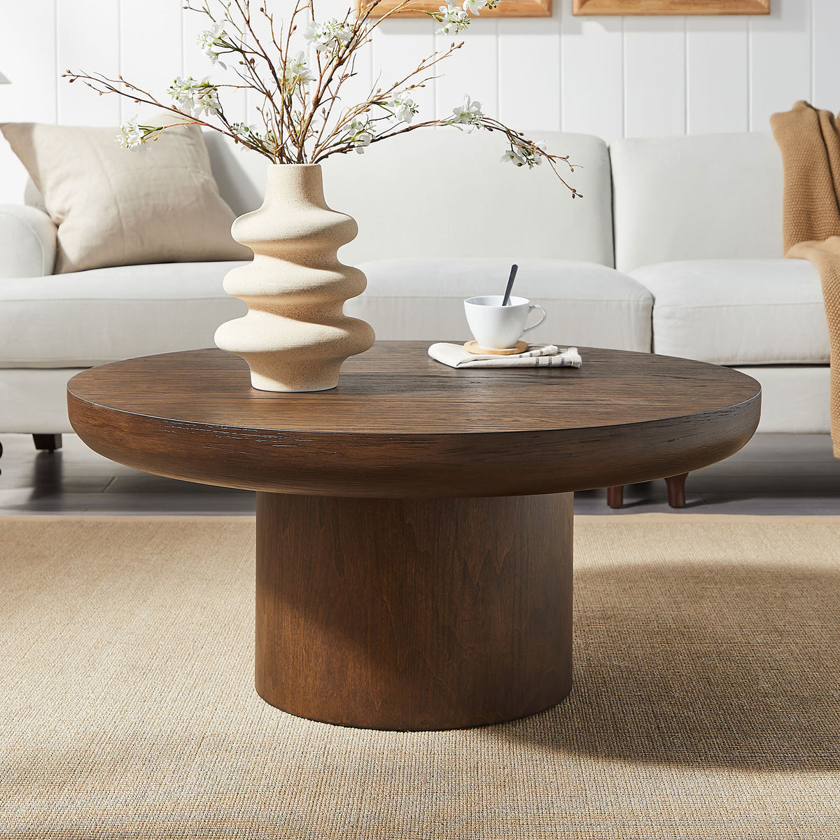 35.98inch Round Coffee Table with Cylindrical Leg,Wood Veneer Tabletop Table,Rounded Sofa Side Table for living Room Office,Brown - Grand Goldman Shop