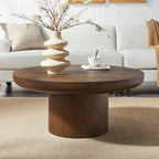 35.98inch Round Coffee Table with Cylindrical Leg,Wood Veneer Tabletop Table,Rounded Sofa Side Table for living Room Office,Brown - Grand Goldman Shop