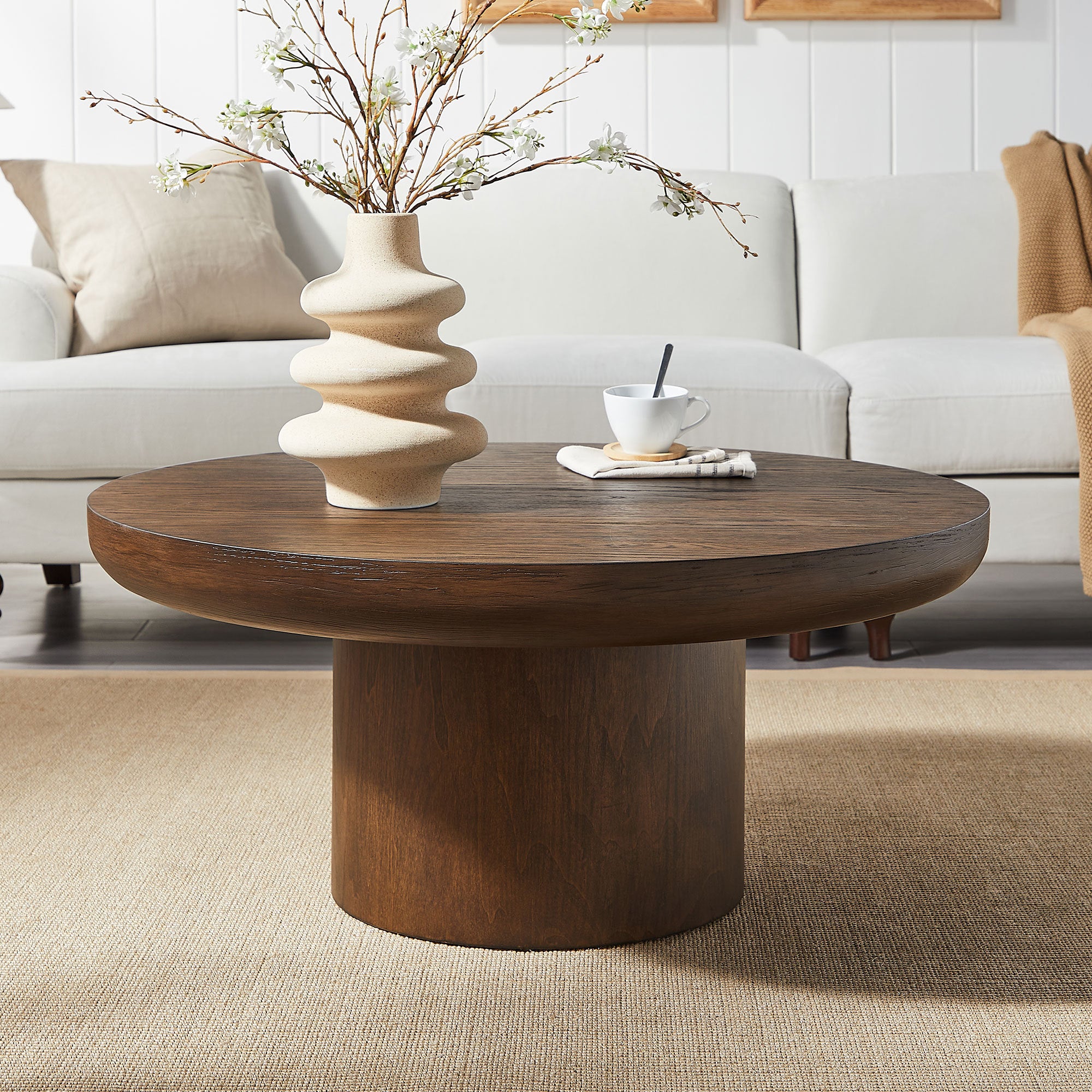 35.98inch Round Coffee Table with Cylindrical Leg,Wood Veneer Tabletop Table,Rounded Sofa Side Table for living Room Office,Brown - Grand Goldman Shop