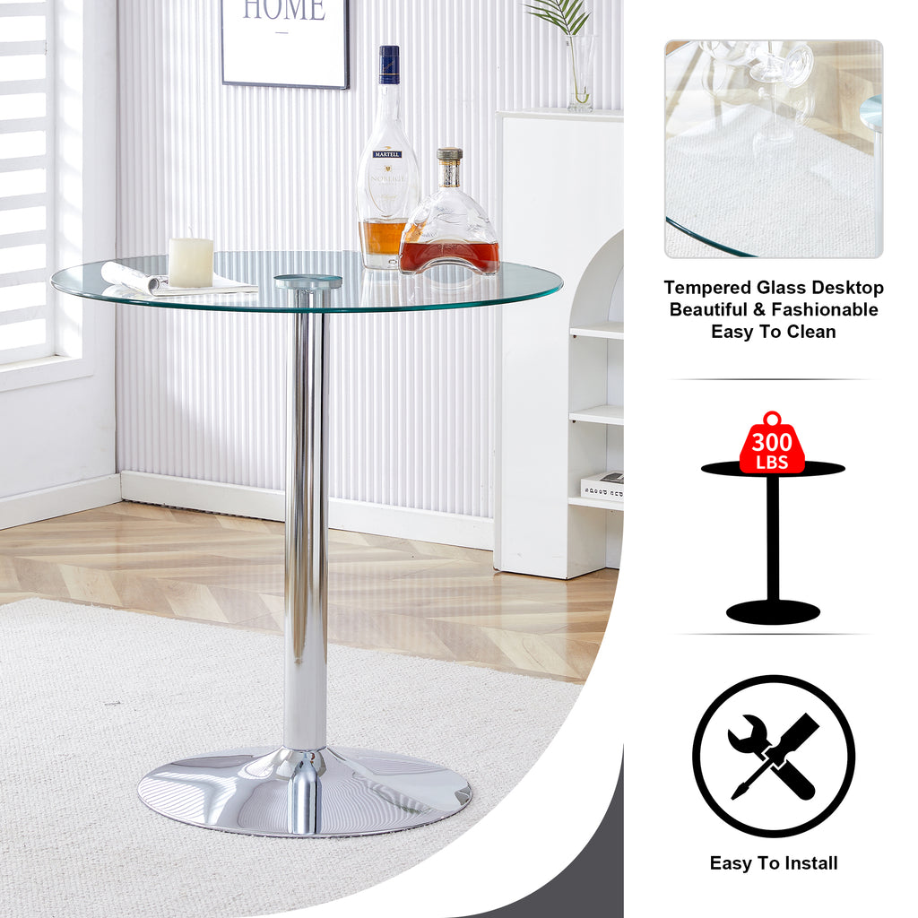 Modern Minimalist Circular Glass Dining Table with Electroplated Silver Metal Legs, 35-Inch Diameter - Grand Goldman Shop