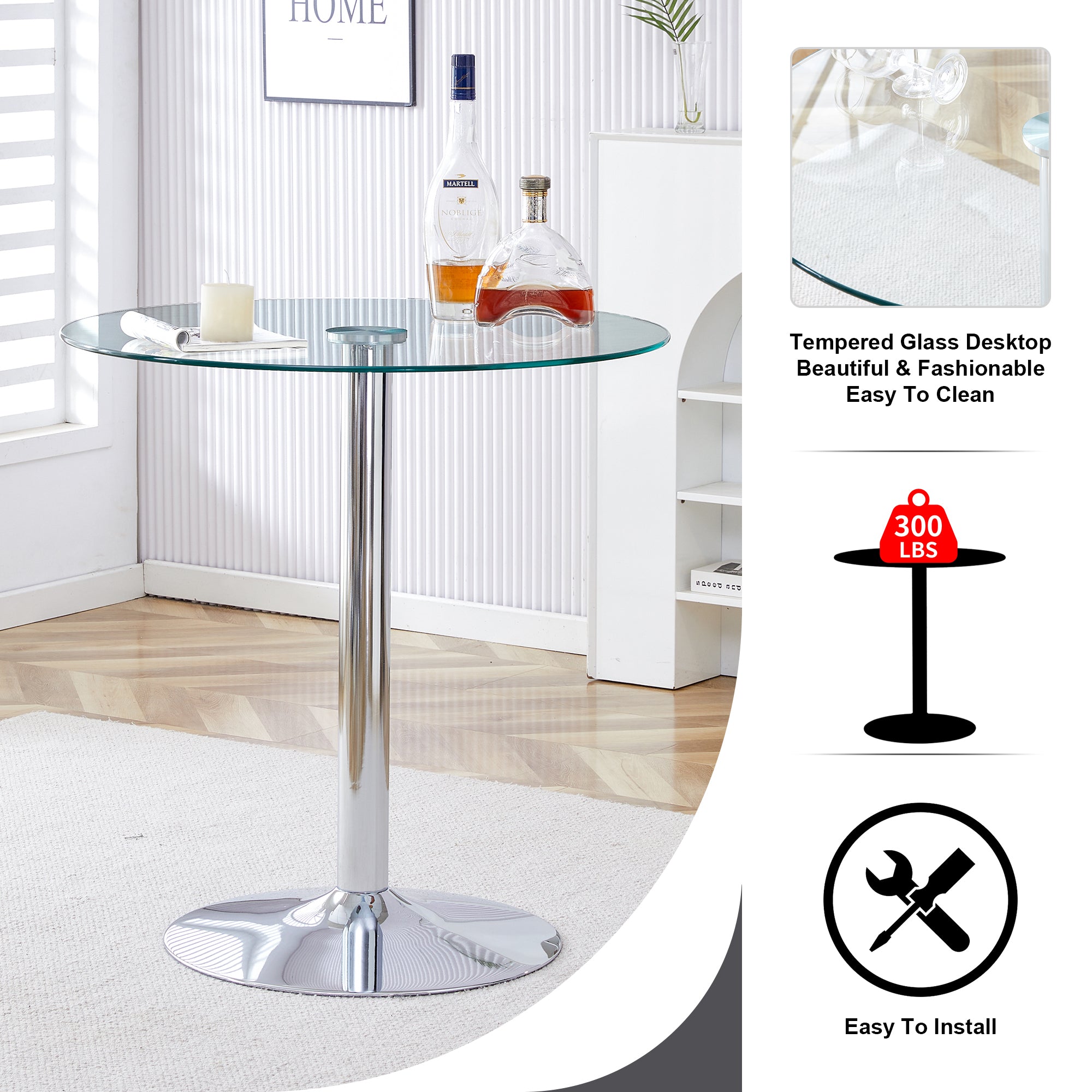 Modern Minimalist Circular Glass Dining Table with Electroplated Silver Metal Legs, 35-Inch Diameter - Grand Goldman Shop
