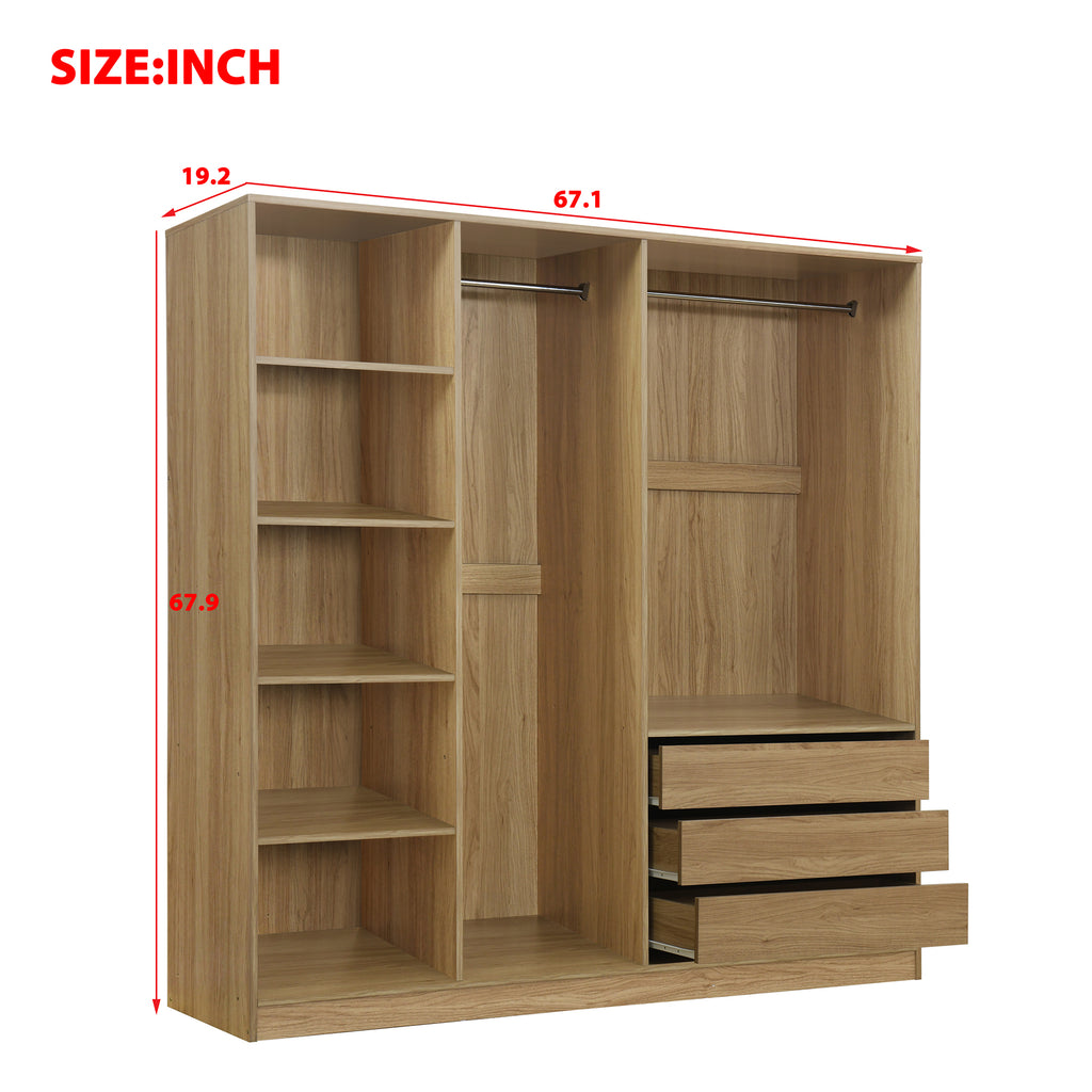 Doorless Wooden Storage Wardrobe for Dedroom with Shelves and 3 Drawers,Nature - Grand Goldman Shop