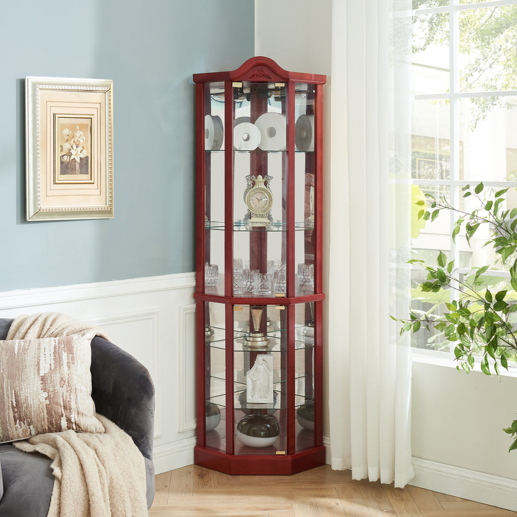Glass Cabinet Lighted Corner Cabinet Corner Display Curio Cabinet, Glass Display With Light(Included)Bar Cabinet,Wine Cabinet with Adjustable Glass Shelves Carved Decoration Cherry Light(Included) - Grand Goldman Shop