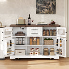 K&K 54.9' Kitchen Island with Drop Leaf, Power Outlet, Kitchen Storage Cart with 4 Door Shelves, Cross Barn Doors & Visual Glass Door, Rolling Kitchen Island on 4 Wheels for Kitchen, Dining Room,White - Grand Goldman Shop