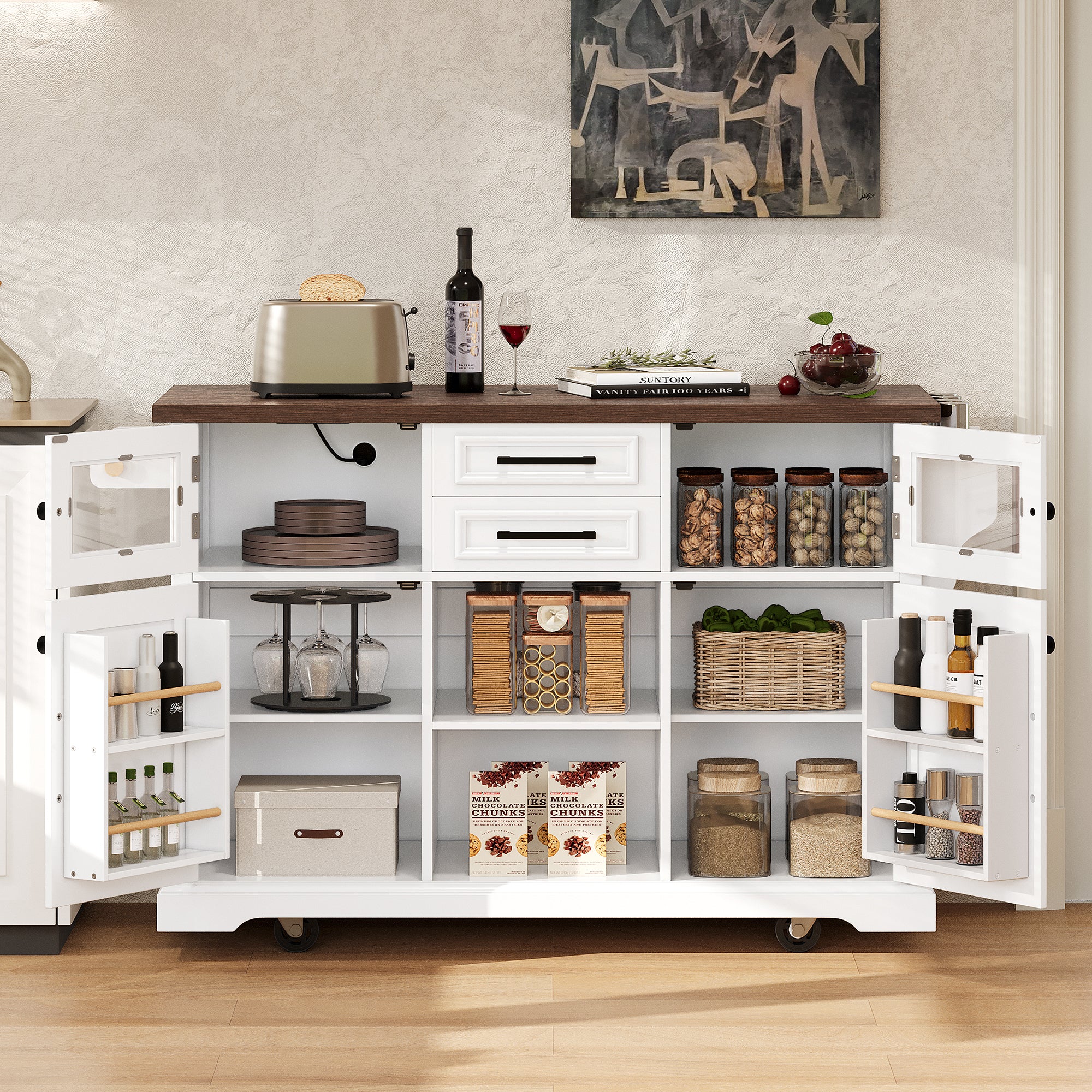 K&K 54.9' Kitchen Island with Drop Leaf, Power Outlet, Kitchen Storage Cart with 4 Door Shelves, Cross Barn Doors & Visual Glass Door, Rolling Kitchen Island on 4 Wheels for Kitchen, Dining Room,White - Grand Goldman Shop
