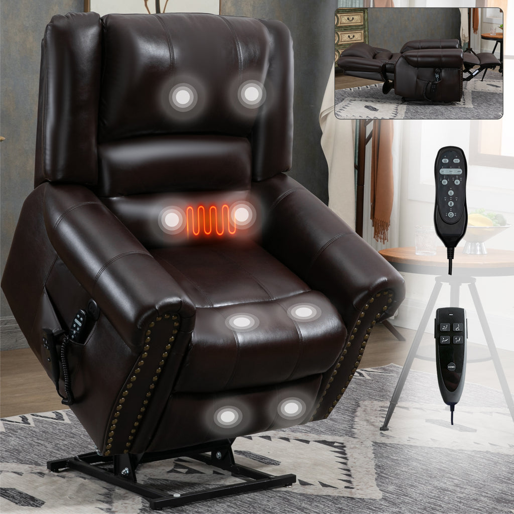 Power Lift Recliner Chair Heat Massage Dual Motor Infinite Position Up to 350 LBS, Faux Leather, Heavy Duty Motion Mechanism with USB Ports, Brown - Grand Goldman Shop