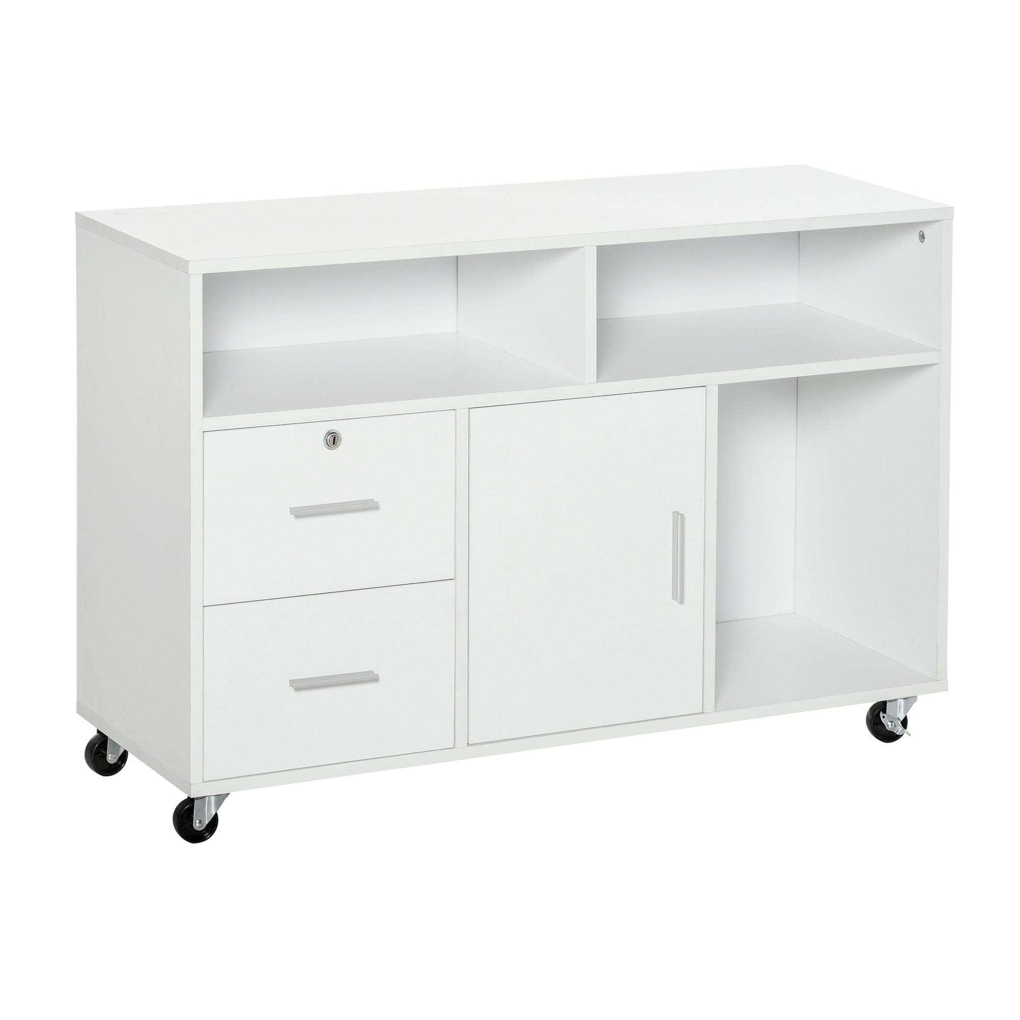 HOMCOM Printer Stand Home Office Mobile Cabinet Organizer Desktop with Caster Wheels, 2 Locking Breaks and Drawer, White | Pr