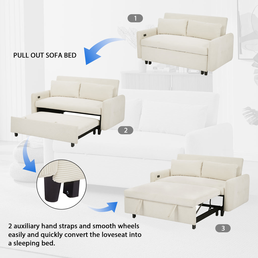 Modern Convertible Pull-out Sofa Bed with USB Ports and Pillows, Beige Corduroy, 57.48 inches - Grand Goldman Shop