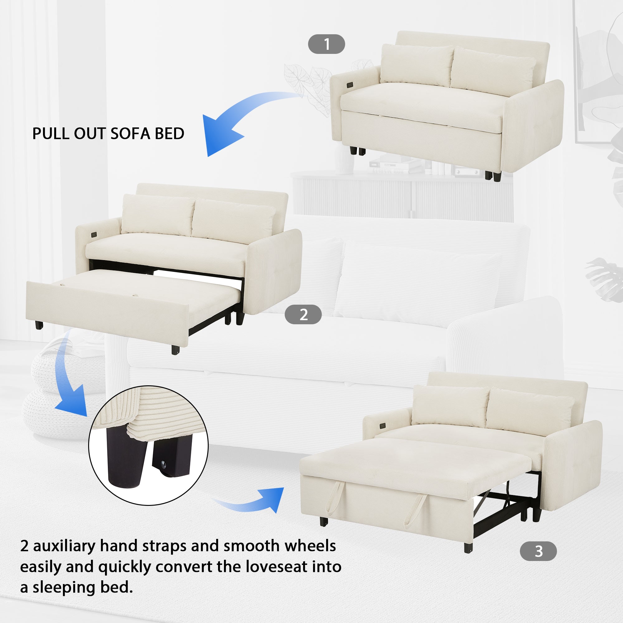 Modern Convertible Pull-out Sofa Bed with USB Ports and Pillows, Beige Corduroy, 57.48 inches - Grand Goldman Shop