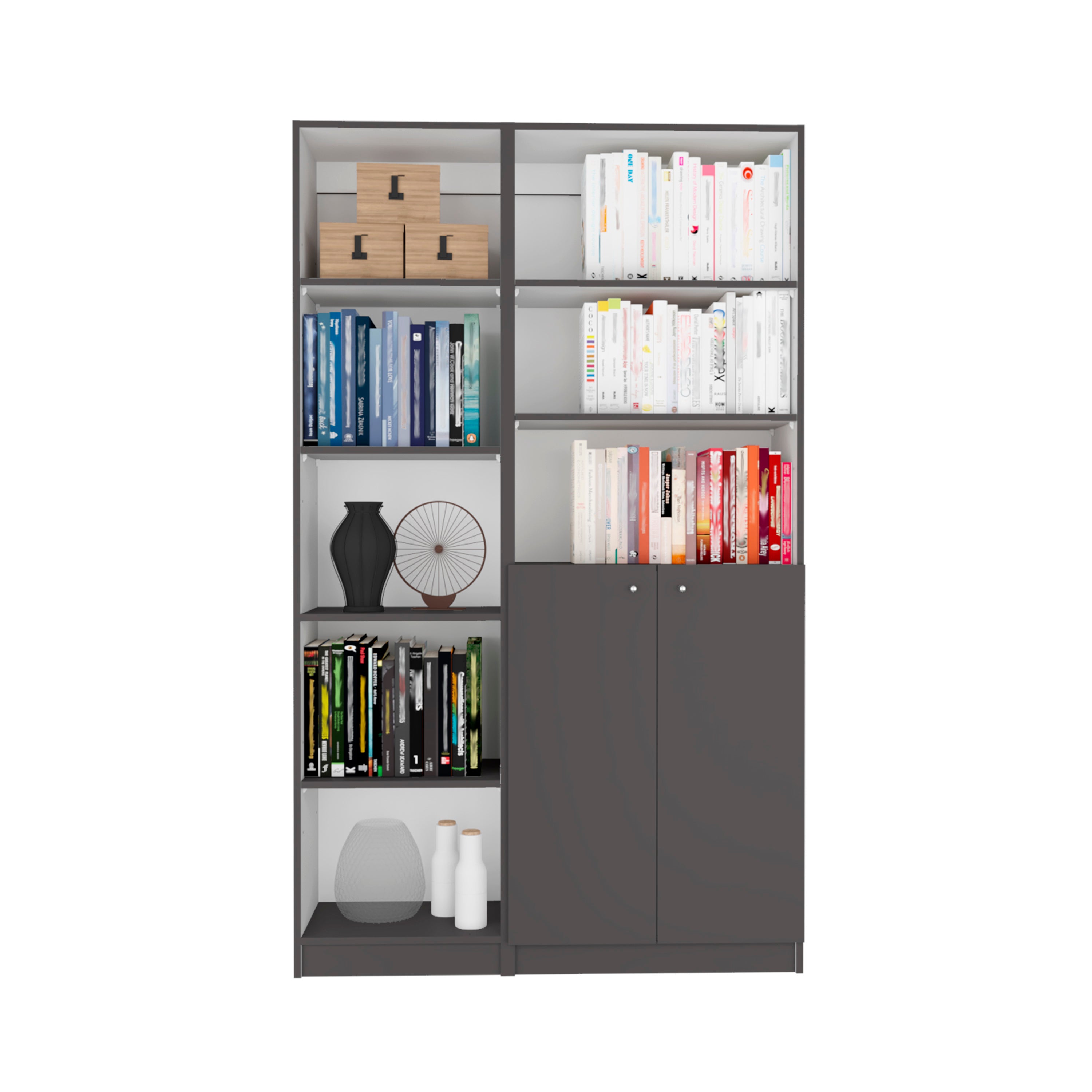 Micco 2 Piece 2 Piece Home Bookcase set, 42' Wide  with 8 Shelves and Double Door Cabinet, Living Room Set Matte Gray - White