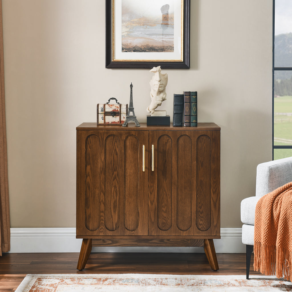 Mid Century Modern Fluted Sideboard Cabinet with Adjustable Shelves & Solid Wood Legs, Buffet Cabinet with Storage, Walnut Storage Cabinet for Living Room, Entryway, Hallway, Dining Room, Kitchen - Grand Goldman Shop