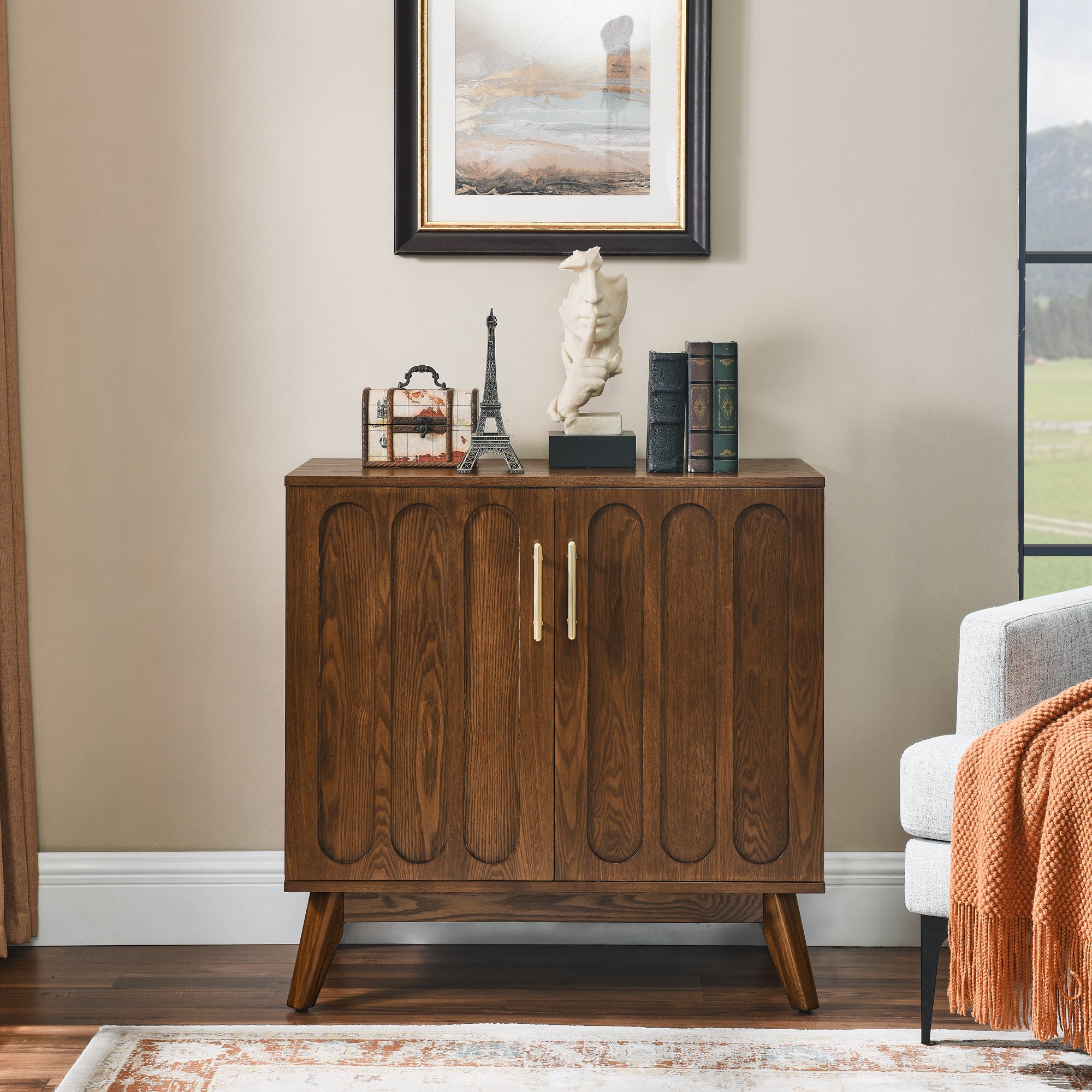 Mid Century Modern Fluted Sideboard Cabinet with Adjustable Shelves & Solid Wood Legs, Buffet Cabinet with Storage, Walnut Storage Cabinet for Living Room, Entryway, Hallway, Dining Room, Kitchen - Grand Goldman Shop