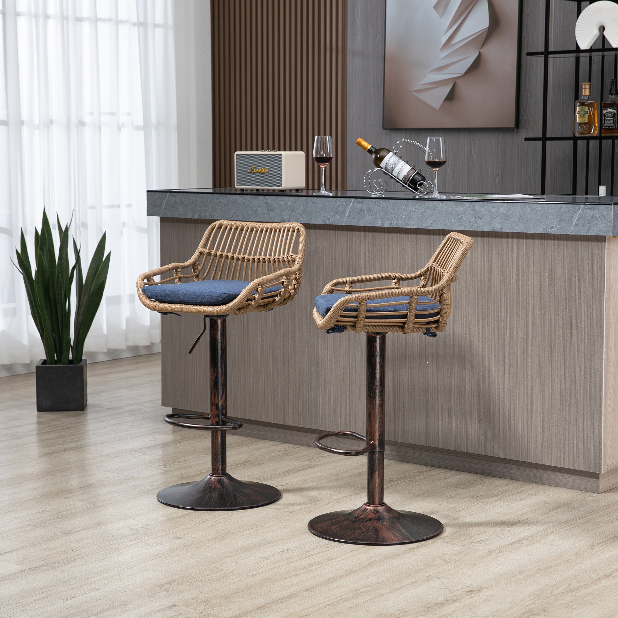 COOLMORE Modern Swivel Bar Stools Set of 2 Adjustable Counter Height Chairs with Footrest Blue Linen - Grand Goldman Shop
