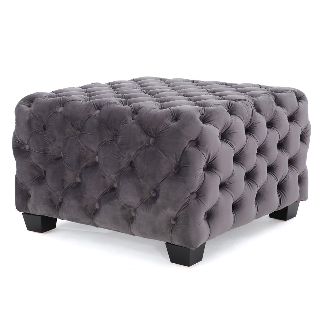 Modern Glam Velvet Ottoman with Button-Tufted Diamond Stitch Design in Grey - Grand Goldman Shop