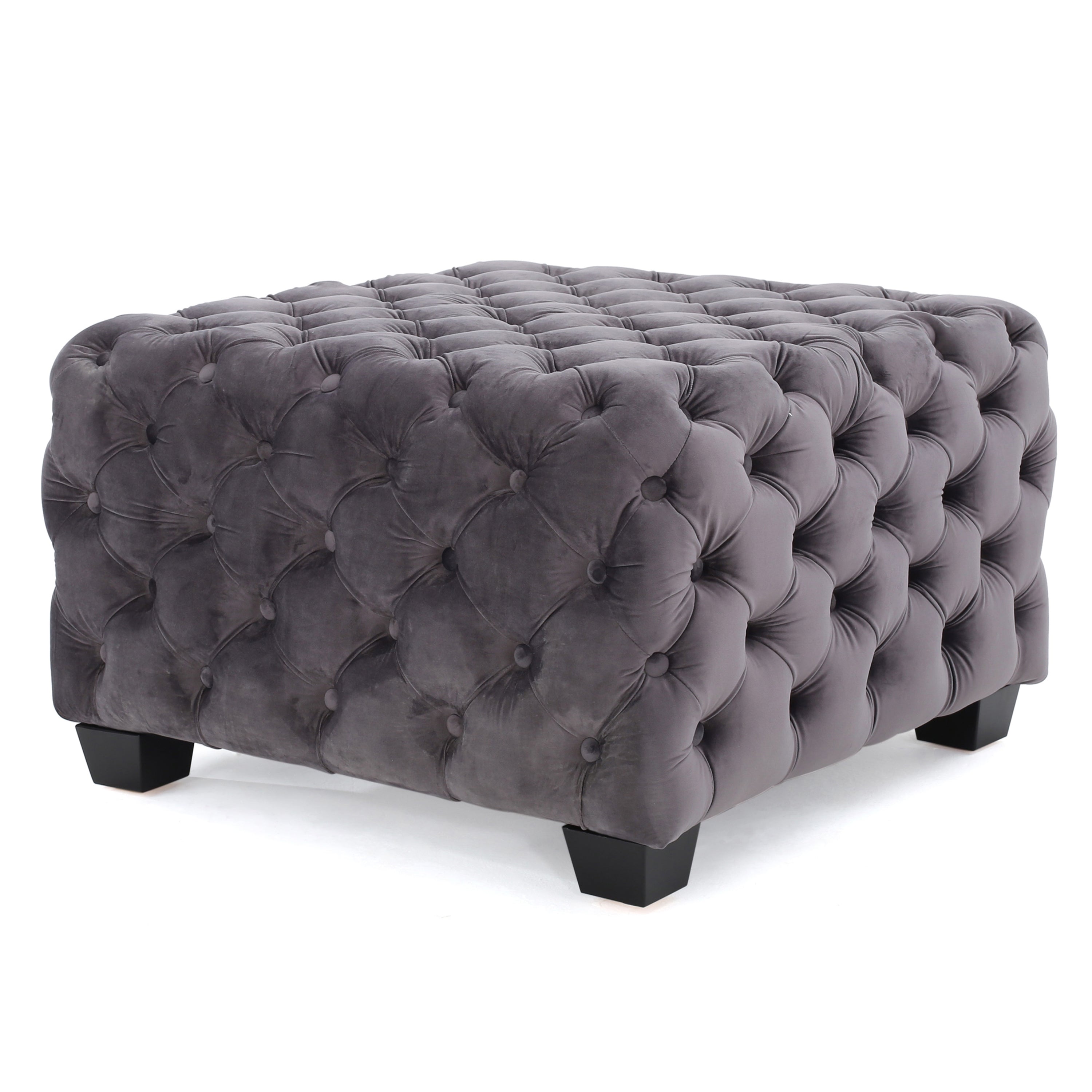 Modern Glam Velvet Ottoman with Button-Tufted Diamond Stitch Design in Grey - Grand Goldman Shop