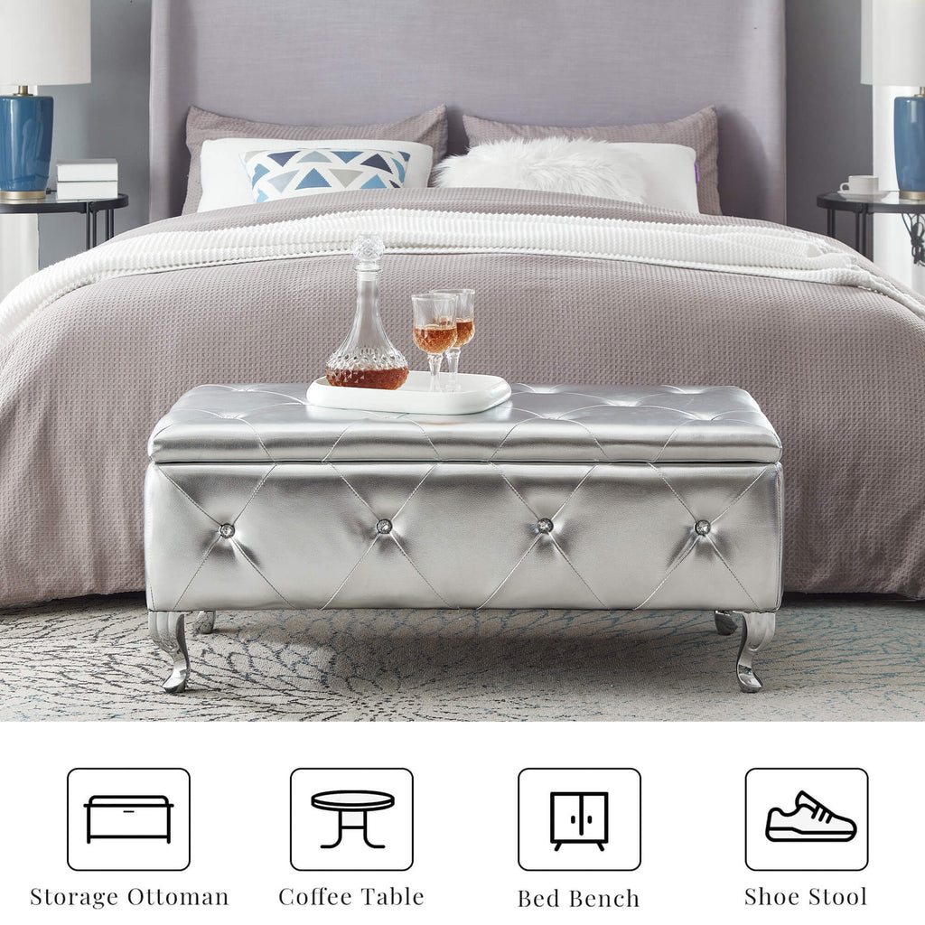 Upholstered Storage Ottoman Bench For Bedroom End Of Bed Faux Leather Rectangular Storage Benches Footrest With Crystal Buttons For Living Room Entryway (Silver) - Grand Goldman Shop