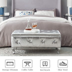 Upholstered Storage Ottoman Bench For Bedroom End Of Bed Faux Leather Rectangular Storage Benches Footrest With Crystal Buttons For Living Room Entryway (Silver) - Grand Goldman Shop