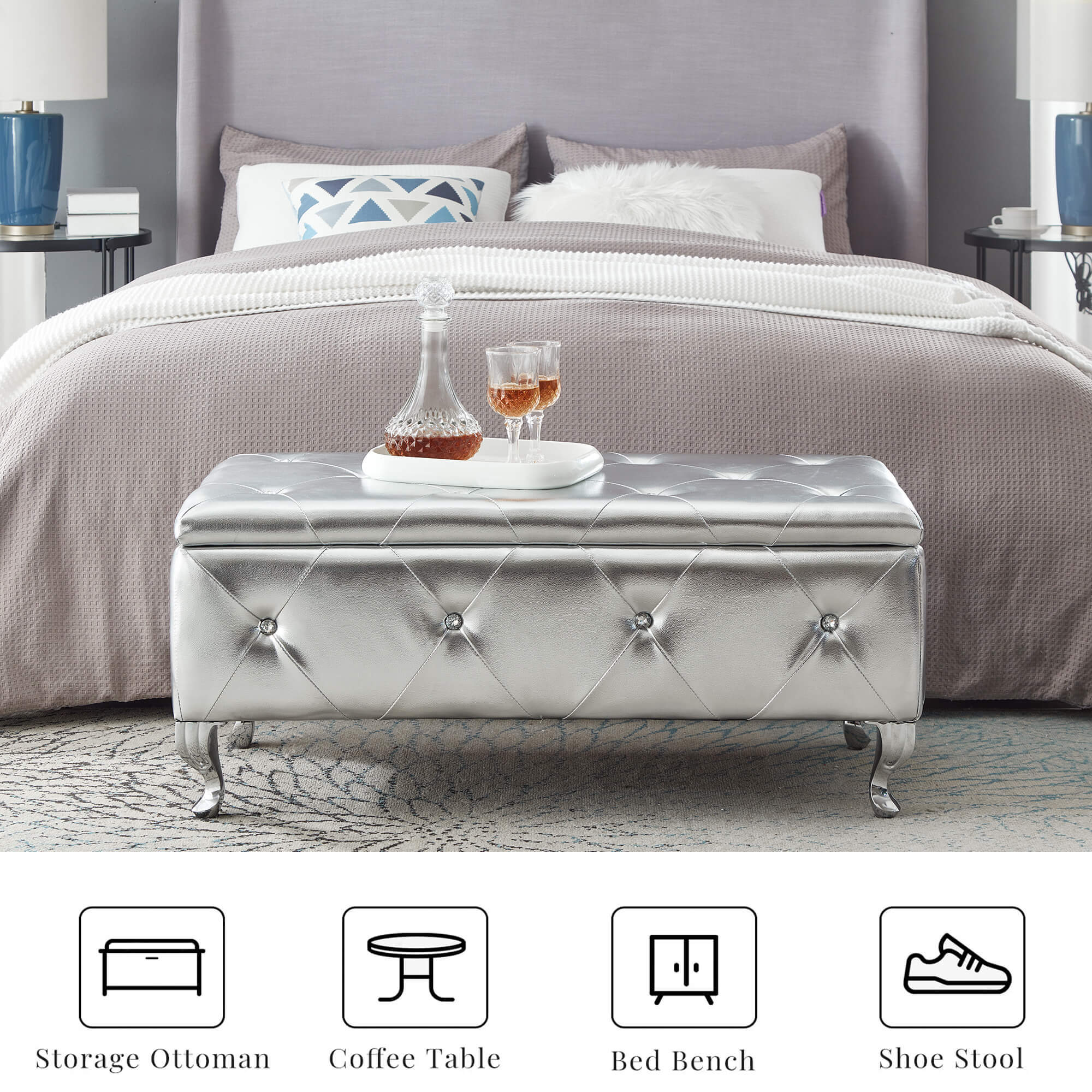 Upholstered Storage Ottoman Bench For Bedroom End Of Bed Faux Leather Rectangular Storage Benches Footrest With Crystal Buttons For Living Room Entryway (Silver) - Grand Goldman Shop