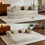 Convertible Sleeper Sofa Bed with Cylindrical Pillow, Corduroy Folding Mattress Couch with Fixed-Shape Frame, Floor Sofa Lounge Couch for Living Room Bedroom (Beige) - Grand Goldman Shop