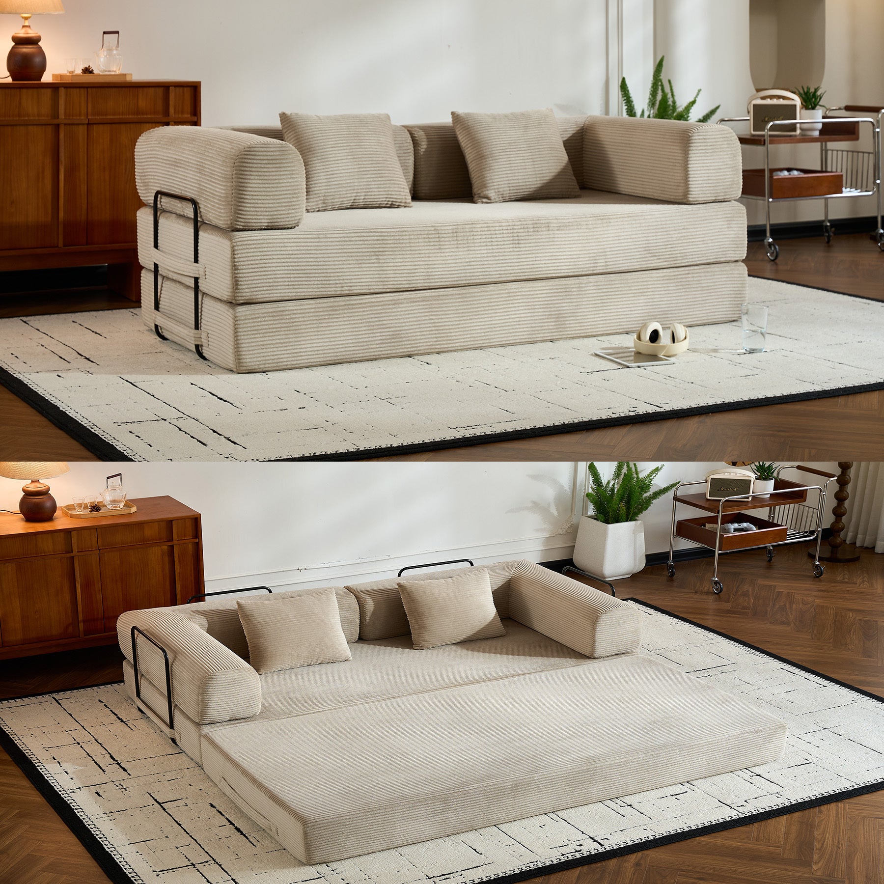 Convertible Sleeper Sofa Bed with Cylindrical Pillow, Corduroy Folding Mattress Couch with Fixed-Shape Frame, Floor Sofa Lounge Couch for Living Room Bedroom (Beige) - Grand Goldman Shop
