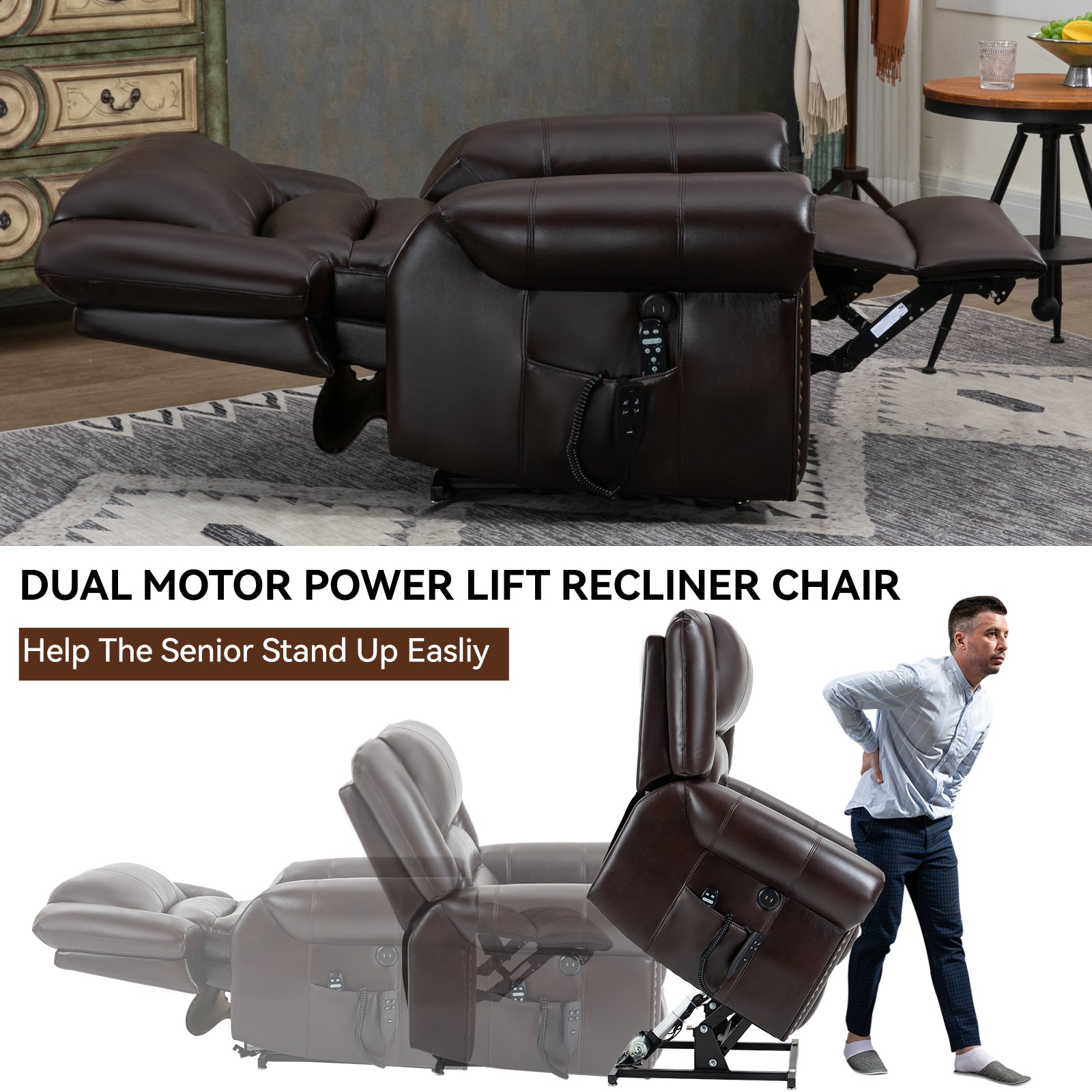 Power Lift Recliner Chair Heat Massage Dual Motor Infinite Position Up to 350 LBS, Faux Leather, Heavy Duty Motion Mechanism with USB Ports, Brown - Grand Goldman Shop