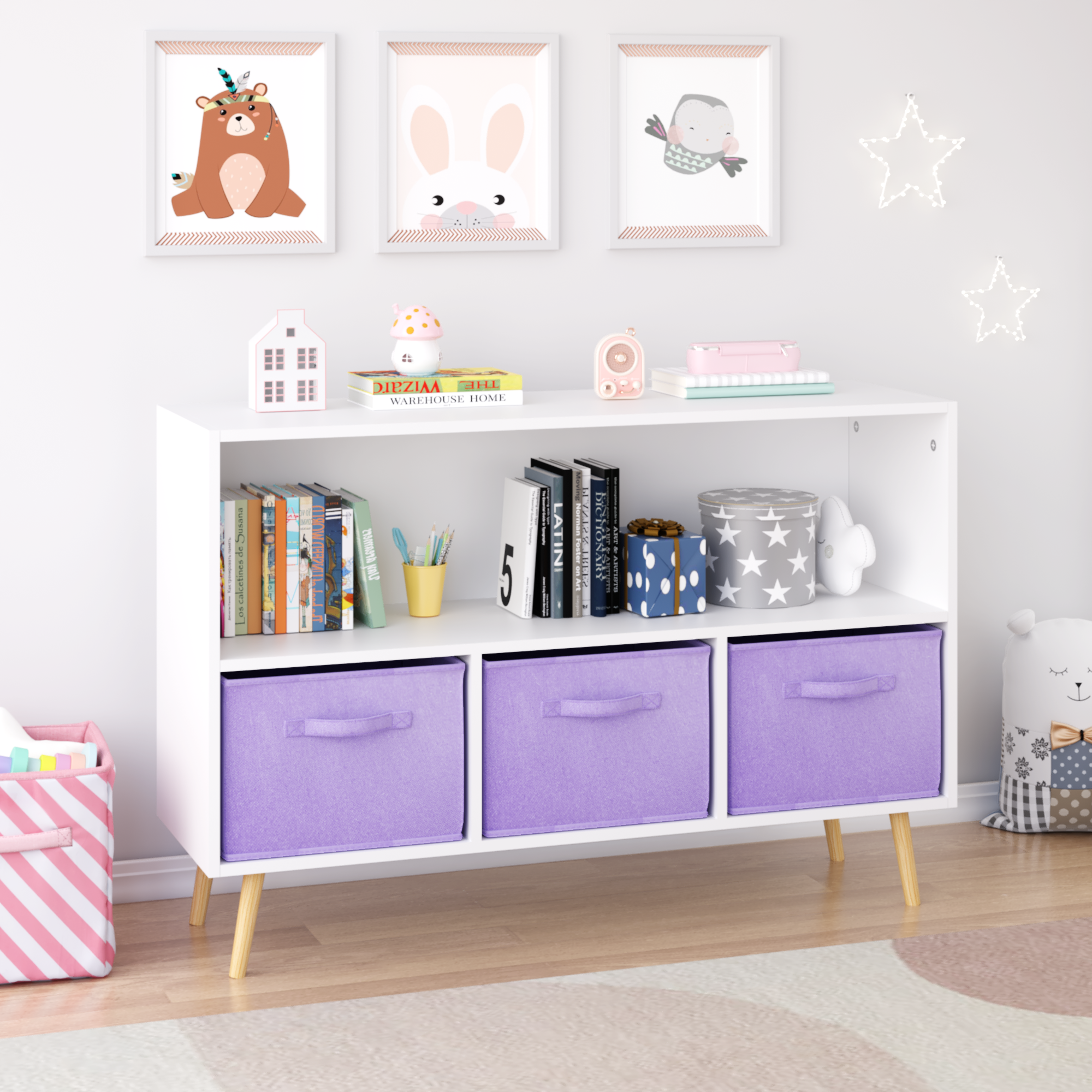 Kids Bookcase with Collapsible Fabric Drawers, Children's Book Display Organizer in White and Purple, MDF with Pine Legs | Pr