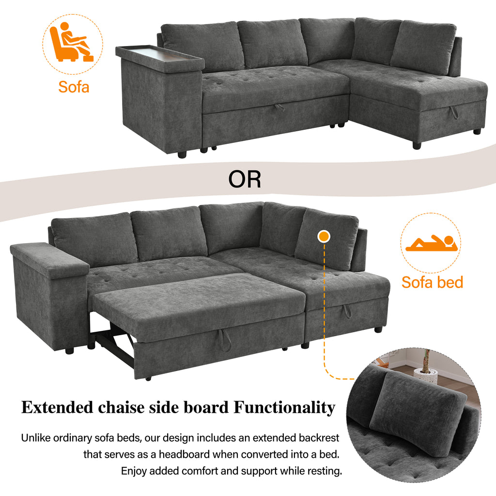 Mirod 91.5-Inch L Shaped Couch with Pull Out Bed and Storage Sectional Sleeper Sofa with Hidden Storage , Wide Armrest with storage,for Living Room, Apartment, Bedroom, Office - Grand Goldman Shop
