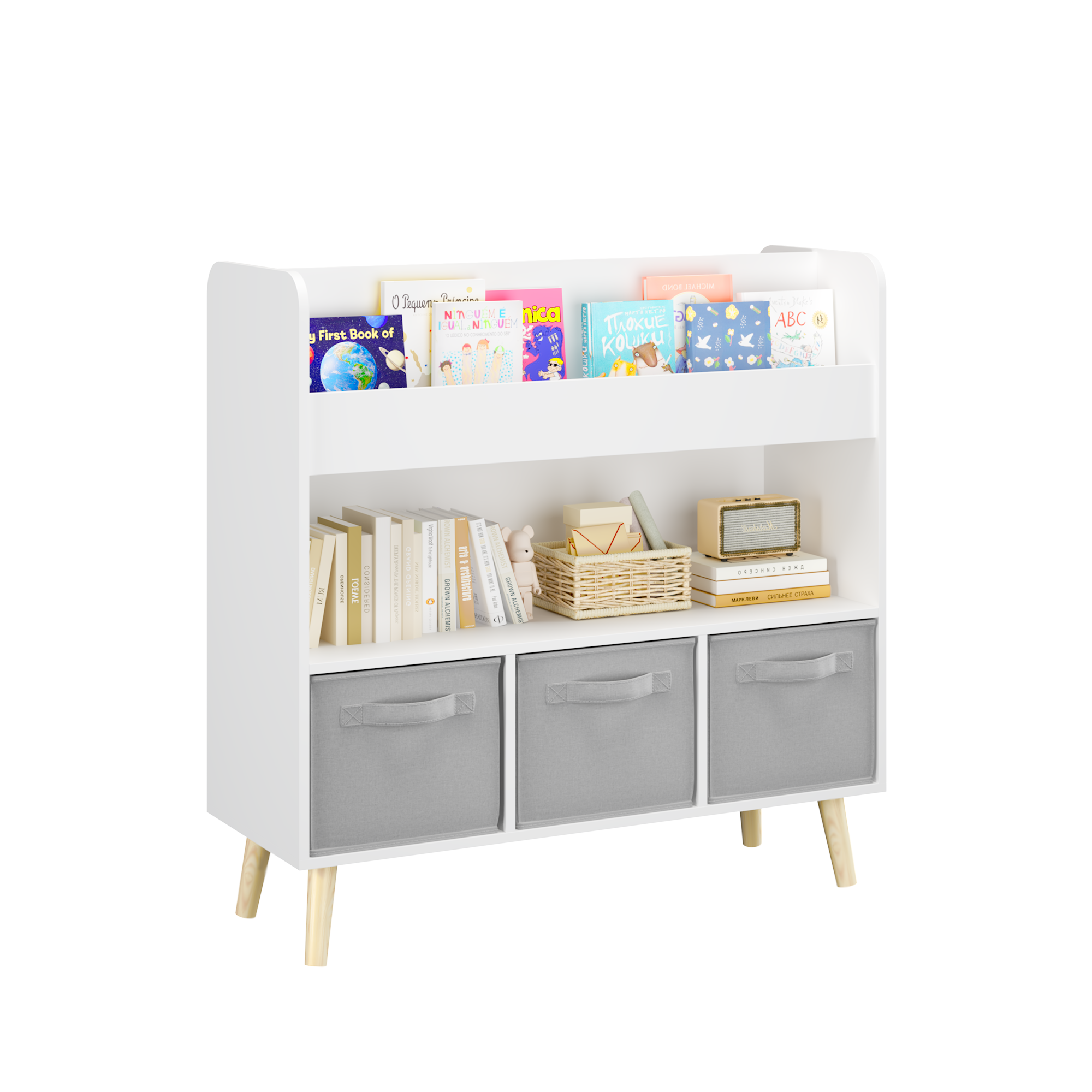 Kids Bookshelf with 3 Fabric Bins, Modern Children's Bookcase with Storage for Toys and Books, Toddler Book Organizer Shelf f