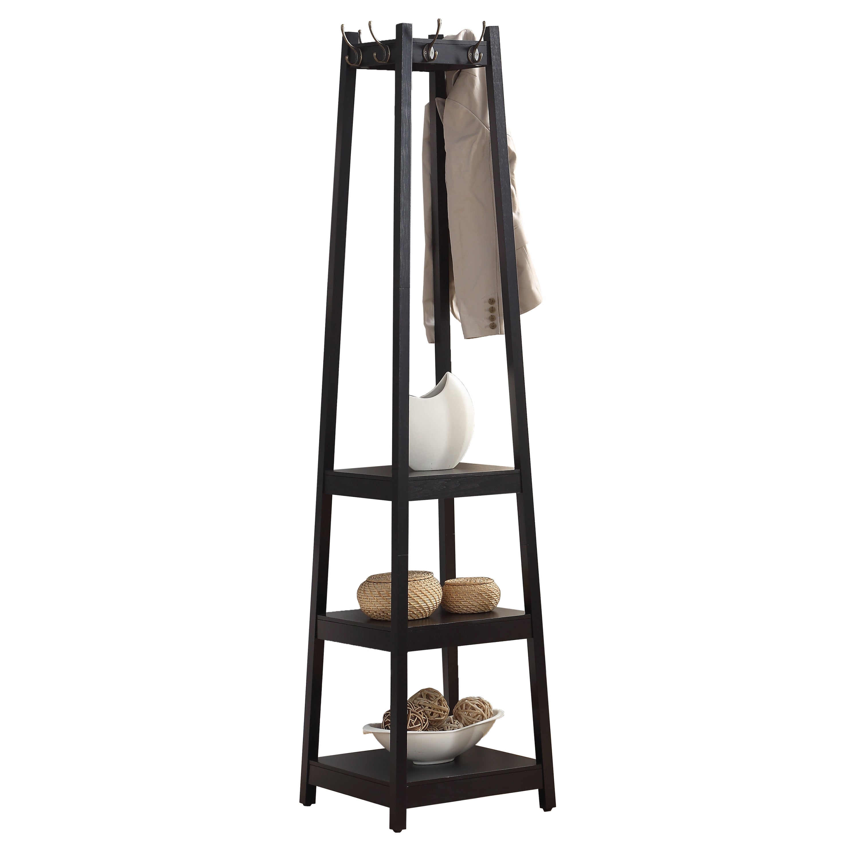 Vassen Coat Rack w/ 3-Tier Storage Shelves in Black Finish - Grand Goldman Shop