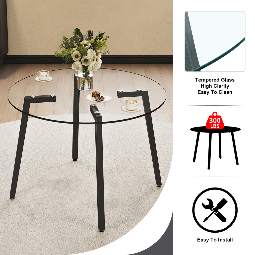 Modern simple style round transparent tempered glass table, tempered glass table top, black metal legs, suitable for kitchen, dining room and living room, 42 '*42' *29.5 '1123r - Grand Goldman Shop