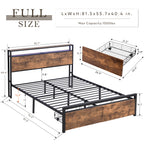 Full Size Bed Frame with Storage Headboard and 2 Drawers, LED Lights Bed with Charging Station, Metal Platform Bed No Noise, Mattress Foundation Strong Metal Slats Support No Box Spring Needed - Grand Goldman Shop