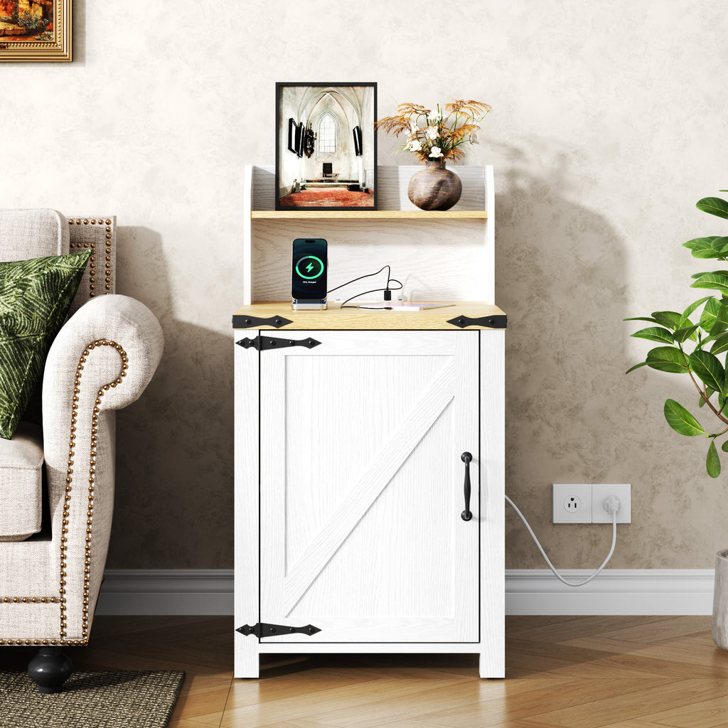 OKD Nightstand with Charging Station, 18 Inch Farmhouse End Table with Barn Door and Adjustable Storage Shelf, Rustic Wood Sofa Side Table w/Magnetic Door for Living Room, Bedroom, Antique White - Grand Goldman Shop