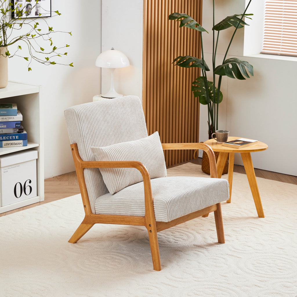 Mid-Century Modern Accent Chair with Pillow Upholstered Arm Chair in Beige Polyester and Solid Wood Frame (beige) - Grand Goldman Shop