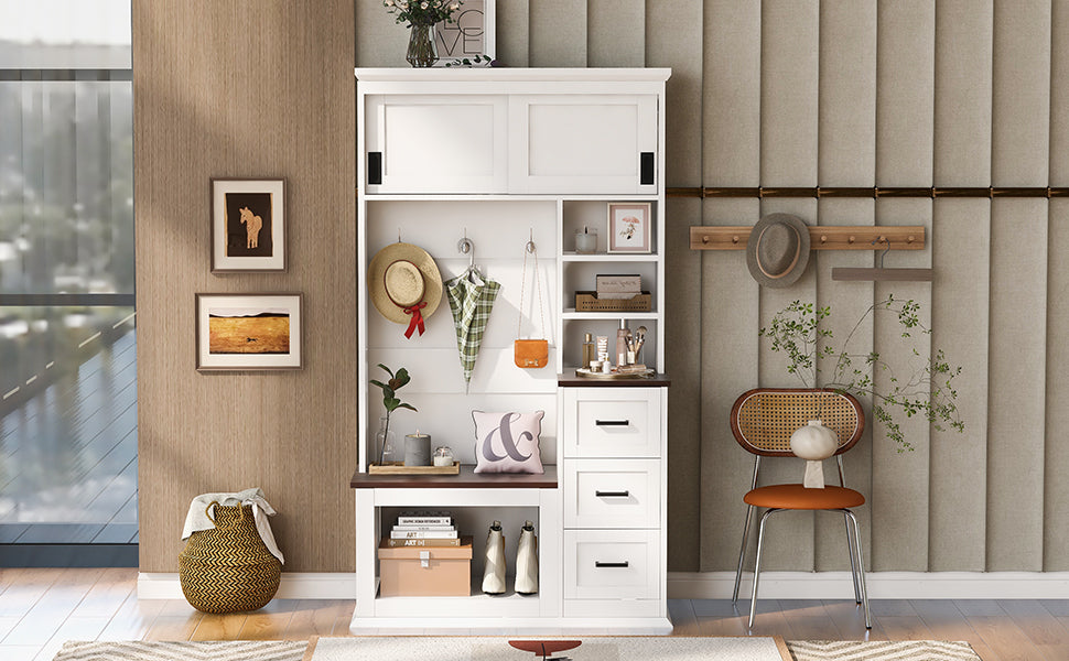 U-Can Modern Entryway Bench with Coat Rack, 3 Shelves and Drawers, 3 Sturdy Hooks, 40.2'' Wide Hall Tree with Storage Bench for Hallway, Entryway, Living Room - Grand Goldman Shop