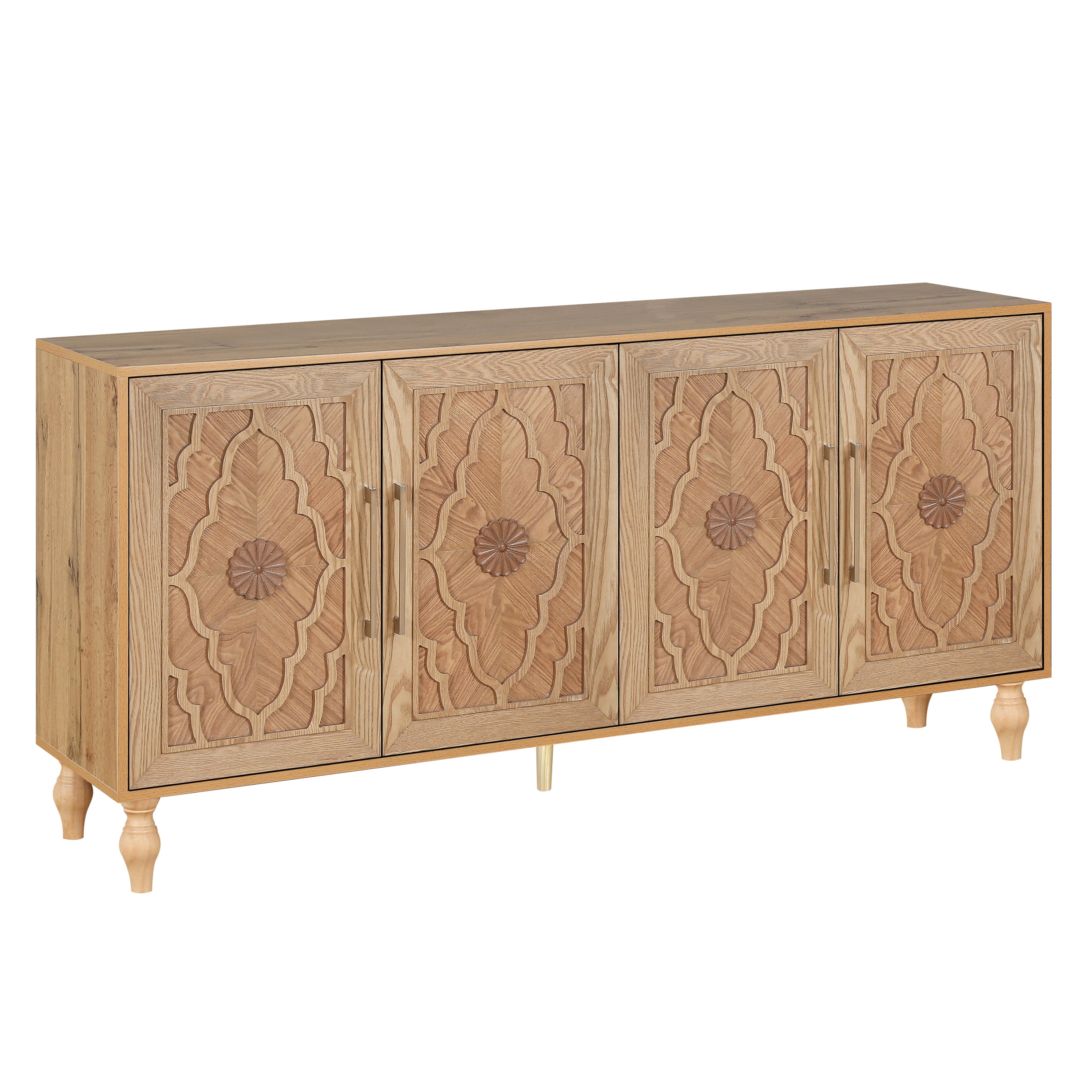 Carved Flower Door Large Storage Cabinet With Metal Handle Suitable For Living Room, Kitchen, Entryway(NATURAL WOOD) - Grand Goldman Shop