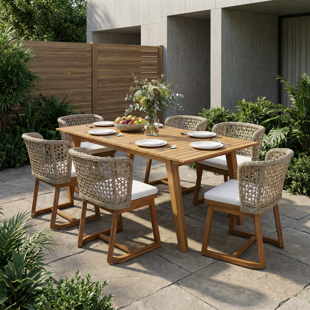 69" Outdoor Massivholz Essgruppe für 6 Personen, 7-teiliges Terrassenmöbel-Set mit Akazienholz-Tisch und Stühlen, Teakholz-Finish, Flecht-Rückenlehne, beige Kissen, wetterfest für Garten und Terrasse