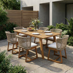 69" Outdoor Massivholz Essgruppe für 6 Personen, 7-teiliges Terrassenmöbel-Set mit Akazienholz-Tisch und Stühlen, Teakholz-Finish, Flecht-Rückenlehne, beige Kissen, wetterfest für Garten und Terrasse