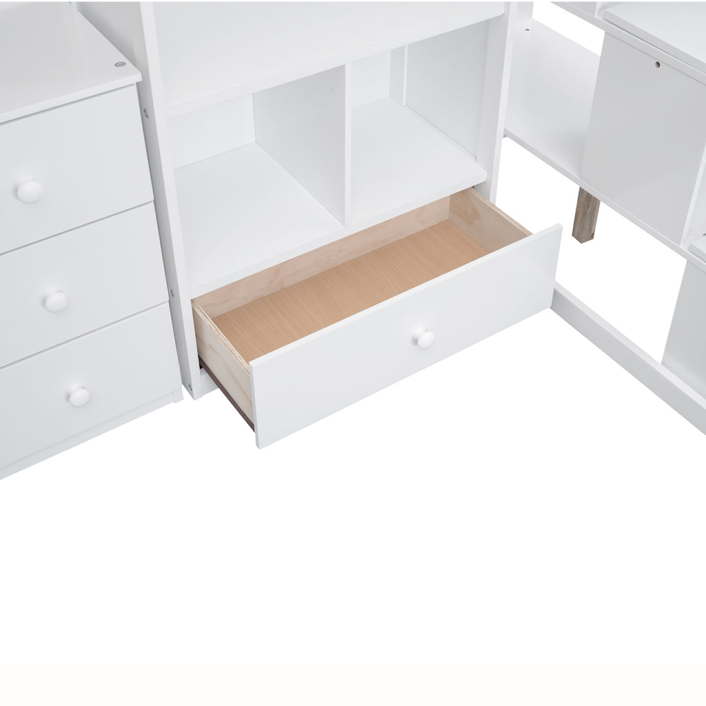 White Twin Size Loft Bed with L-Shaped Desk, Drawers, Cabinet, and Storage Staircase - Pine Wood & MDF - Grand Goldman Shop