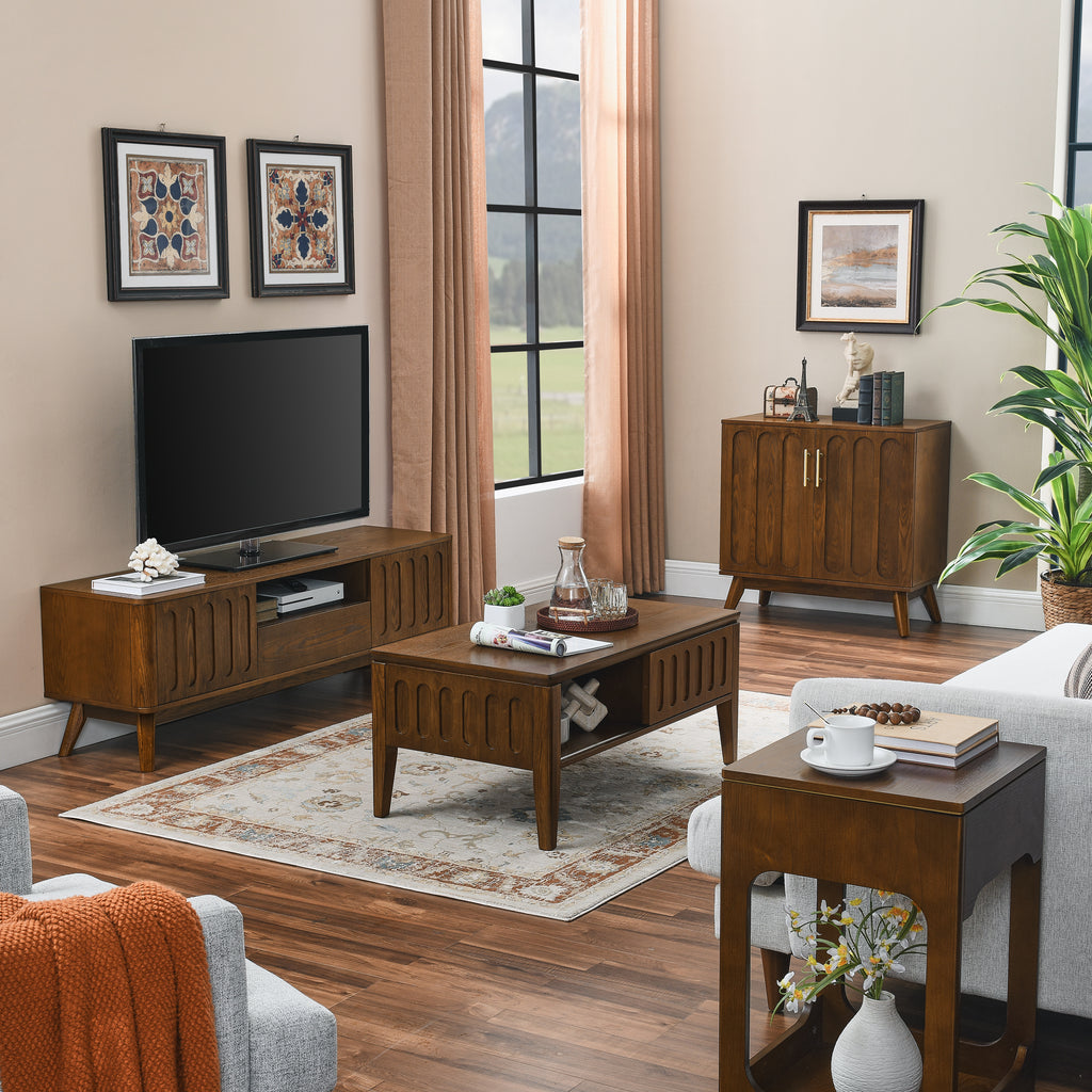 Mid Century Modern Fluted Sideboard Cabinet with Adjustable Shelves & Solid Wood Legs, Buffet Cabinet with Storage, Walnut Storage Cabinet for Living Room, Entryway, Hallway, Dining Room, Kitchen - Grand Goldman Shop