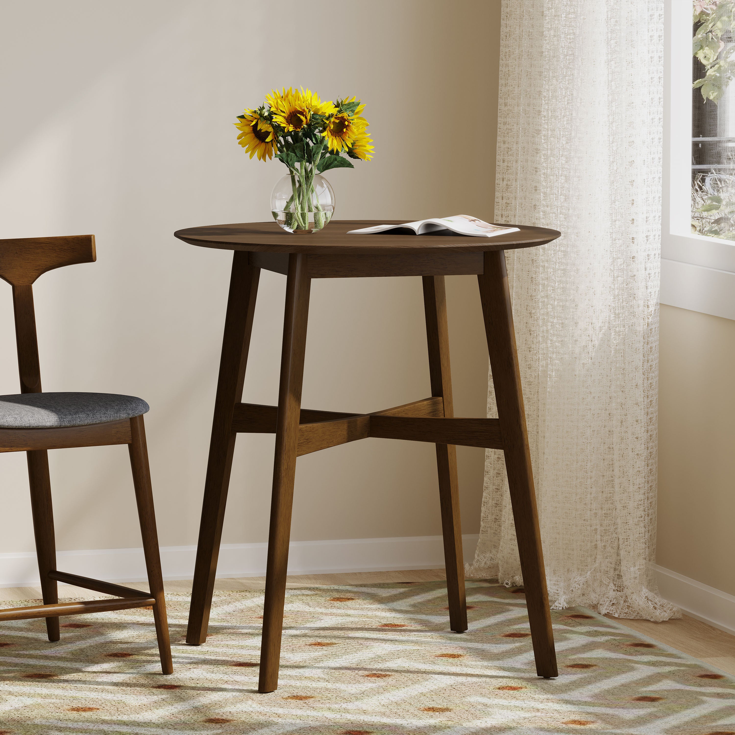 Round Counter Height Dining Table with Thick Rubberwood Legs and Support Beams, Walnut - Grand Goldman Shop