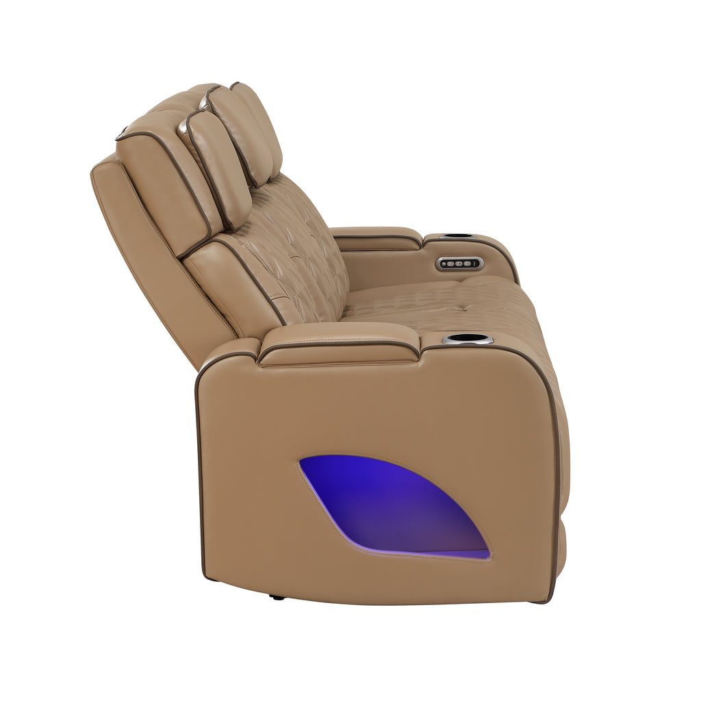Fortuner Power Reclining 2Pc Living Room Set in Caramel Faux Leather with LED Lights, Massage Function, Bluetooth Speakers and Wireless Charging - Grand Goldman Shop