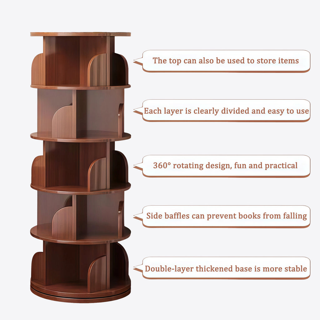 5 Tier Rotating Bookshelf, 360° Display Round Spinning Bookshelf, Space-Saving, Small Space Rotating Bookshelf Tower for Bedroom, Living Room, Home, Office, Walnut - Grand Goldman Shop
