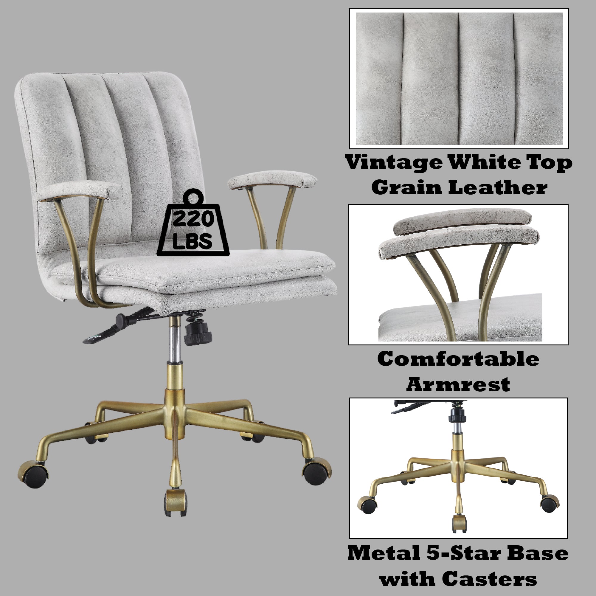 Damir Vintage White Top Grain Leather & Chrome Finish Office Chair | Premium Home Decor - Grand Goldman