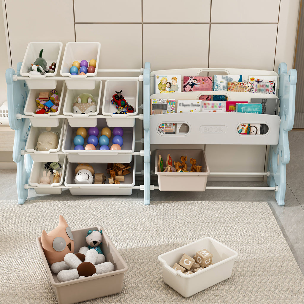 Kids Toy Storage Organizer with 2 Tier Bookshelf, Toy Storage with 12 Bins, Blue Polyethylene, 56.10 x 14.17 x 33.86 inches - Grand Goldman Shop