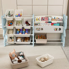 Kids Toy Storage Organizer with 2 Tier Bookshelf, Toy Storage with 12 Bins, Blue Polyethylene, 56.10 x 14.17 x 33.86 inches - Grand Goldman Shop